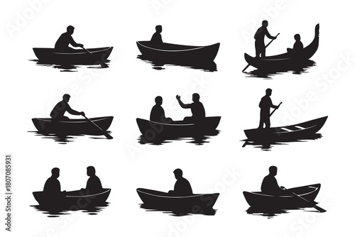 Collection of nine distinct silhouette scenes of people rowing boats on water isolated on white background