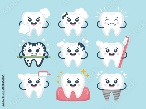 Cute Cartoon Teeth Characters Showing Good and Bad Oral Health