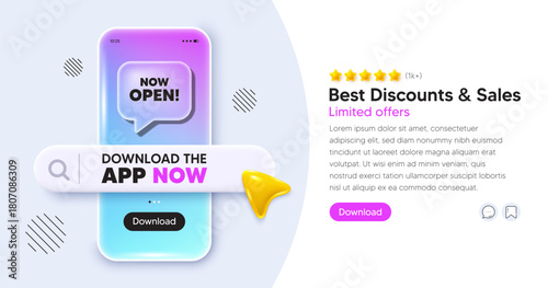 Now open mobile phone banner. App chat speech bubble. Now open tag. Promotion new business sign. Welcome advertising symbol. Phone template with search bar. Download the app now. Vector