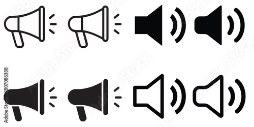 Speaker sound volume icons set. Black audio control symbols. Mute, low, medium, high volume levels. Sound speaker vector on dark background. Speaker status icon pack for UI UX apps