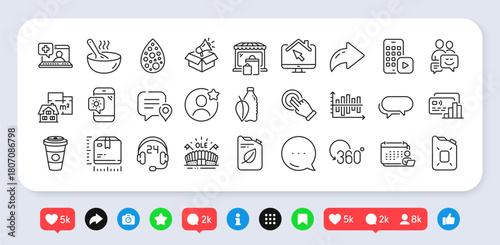 Best friend, Card and Water bottle line icons pack. Social media: share, comment, like icons. Floor plan, Canister, Accounting web icon. Full rotation, Messenger, Touchscreen gesture pictogram. Vector