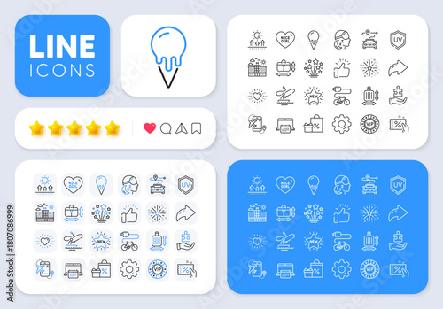 Puzzle, Shopping and Baggage size line icons for web app. Message, Share, Like social media icons. Pack of Hotel, Nice girl, Calendar pictogram icons. Handbag size, Heart, Uv protection signs. Vector