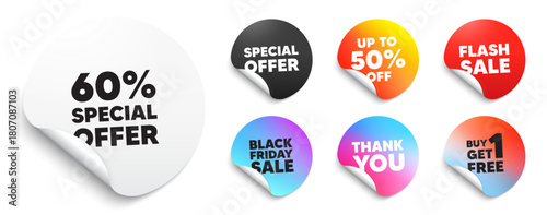 Discount sticker tag. Special offer paper price tags. 60 percent discount offer tag. Sale price promo sign. Special offer symbol. Discount, black friday sticker. Promo banner. Vector