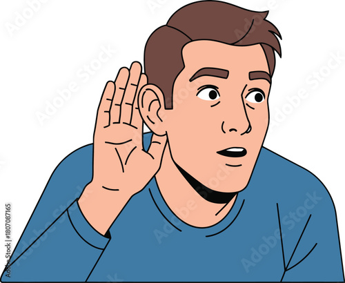 Eavesdropping intrigue cartoon man with hand to ear, keen listener