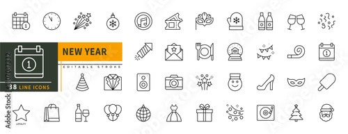 Minimalist New Year line icons set with editable stroke. thin linear illustration.