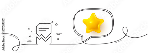 Corrupted Document line icon. Continuous line with 3d star. Bad File sign. Paper page concept symbol. 3d star in speech bubble. Corrupted file single line ribbon. Loop curve pattern. Vector