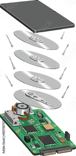 Exploded View of a Hard Disk Drive Illustrating Data Storage Technology