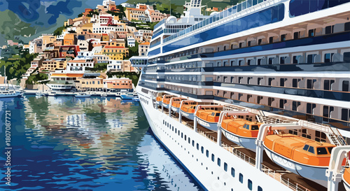 Large cruise ship docked in a picturesque Mediterranean harbor, with a vibrant coastal village climbing the hillside in the background.