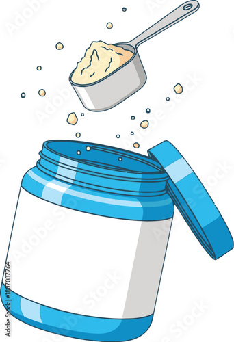 Protein powder scooping into container, supplement for fitness, health