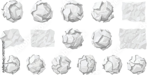 Collection of crumpled paper balls and sheets, a symbol of creative process