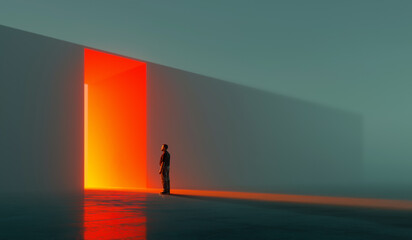 Abstract neon illustration of glowing orange doorway landscape with lone person. Concept of futuristic digital environment, AI creativity, tech-driven background, and immersive visual experience