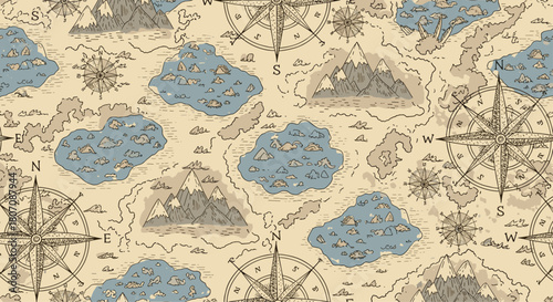 Seamless pattern of a vintage adventure map featuring hand-drawn mountains, lakes, and compass roses in an old-fashioned engraved style.