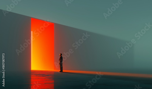 Abstract neon illustration of glowing orange doorway landscape with lone person. Concept of futuristic digital environment, AI creativity, tech-driven background, and immersive visual experience