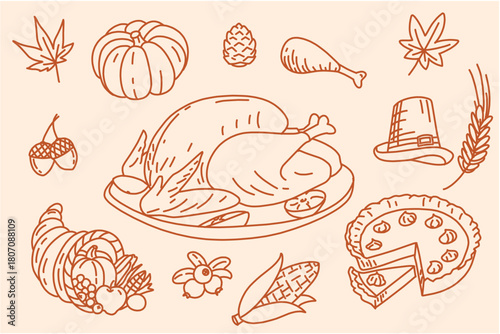 Thanksgiving, Turkey, Pumpkin, Autumn, Fall, Harvest, Holiday, Pilgrim Hat, Line Art, Vector, Clipart, Monochrome, Decoration, Greeting Card, Seasonal
