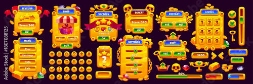 Golden game interface with jewelry shop, golden menu, victory defeat screen and game levels, vector UI. Cartoon progress bar and score panel with shiny gold buttons and gems, game interface asset