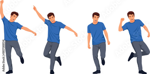 Cheerful cartoon man striking a playful pose with dynamic energy set of poses