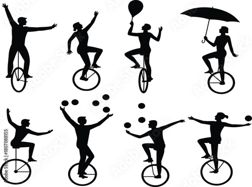 “Creative silhouette collection of unicyclists performing circus tricks, juggling acts, balancing poses and entertaining movements for performance art and illustration use”