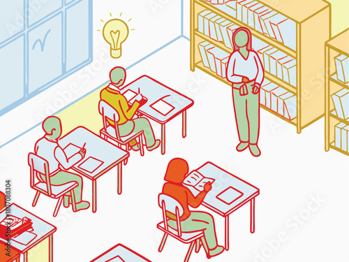 A library scene depicting students studying at tables with a librarian and shelves of books on a white background