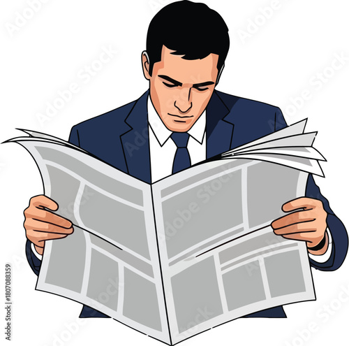 Focused businessman deeply engaged in reading a newspaper infographic
