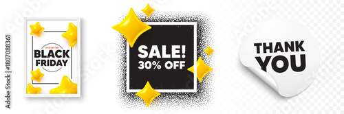 Sale photo frame 3d stars. Thank you sticker banner. Sale 30 percent off discount. Promotion price offer sign. Retail badge symbol. Black friday poster. Promo background. Vector