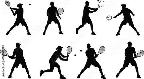 Dynamic silhouettes of tennis players in various action poses showcasing movement, sport energy, competitive gameplay, racket skills, and athletic performance.