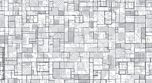 Intricate seamless pattern of abstract geometric shapes and sketched lines, creating a complex, blueprint-like texture in monochrome.