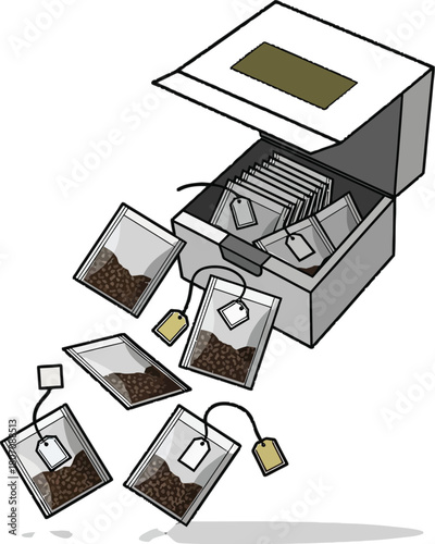 Animated illustration showcasing an open tea box with scattered tea bags
