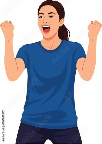 Enthusiastic young woman celebrating victory with raised fists and cheering loud