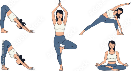 Elegant woman showcasing various yoga positions for wellness promotion