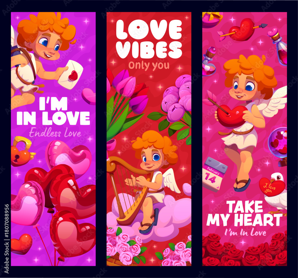 Naklejka premium Valentine day banners with love cupid characters for holiday, vector greetings. Valentine day cherub angels with arrow in heart, harp and love message envelope on pink clouds with balloons and flowers