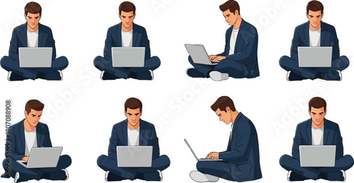 Diverse young adult using laptop in various sitting postures on the floor