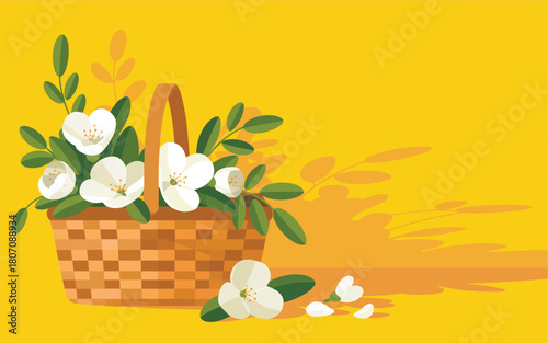 Basket full of beautiful white jasmine flowers on yellow background