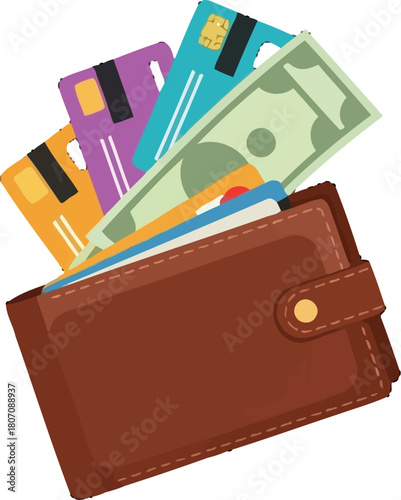 Wallet overflowing with cash and credit cards, money management concept