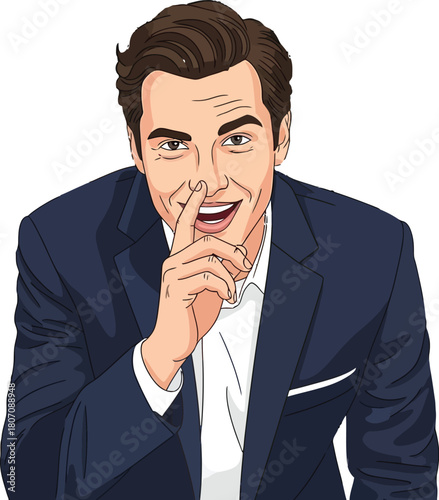 A comical businessman in a suit mischievously pokes his nose with finger