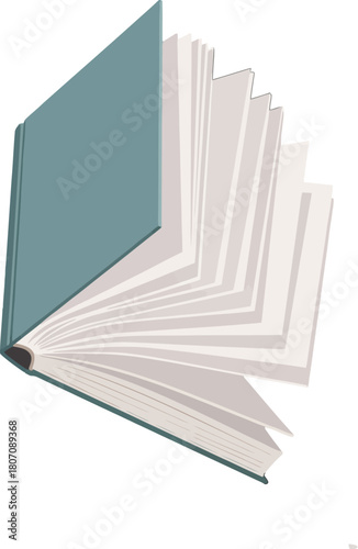 Illustration of an open book with blue cover and fan of pages reading