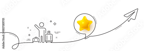 Baggage reclaim line icon. Continuous line with share plane. Airport transfer sign. Flight bags symbol. 3d star in speech bubble. Airport transfer single line ribbon. Loop curve pattern. Vector