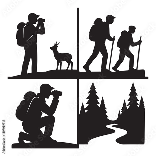 Silhouette of hikers and a photographer observing wildlife in nature isolated on white background