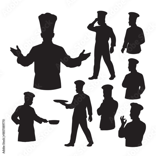 Collection of chef silhouettes in various poses isolated on white background