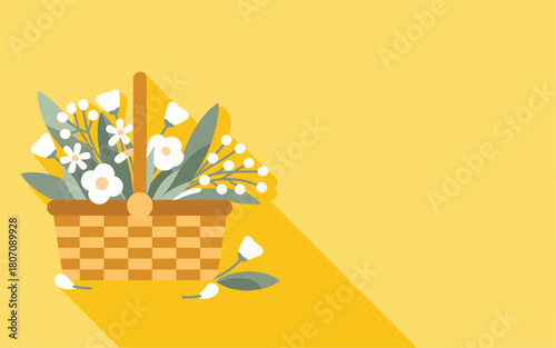 Easter basket filled with spring flowers on a yellow background, flat illustration