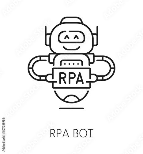 RPA bot thin line icon or robot automation emblem. Robotic innovation outline vector pictogram, RPA linear icon. Business process automation technology sign with robot, bot or droid funny character