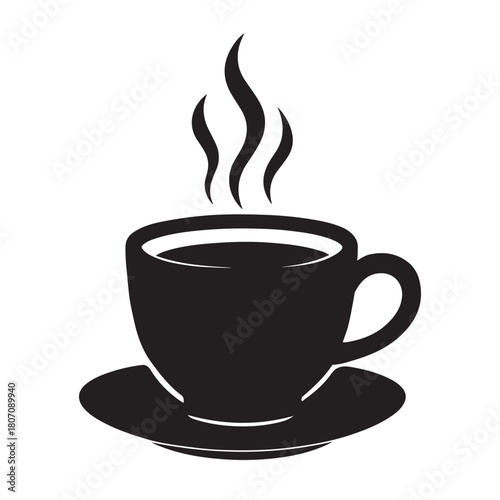 Black silhouette of a steaming hot cup of coffee on a saucer isolated on white background
