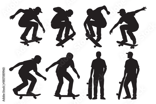 Dynamic silhouettes of skateboarders performing tricks isolated on white background