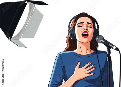 Passionate female vocalist in recording studio singing a soulful melody