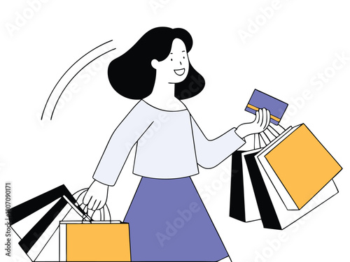 Cheerful woman holding shopping bags and credit card depicting consumerism and shopping spree