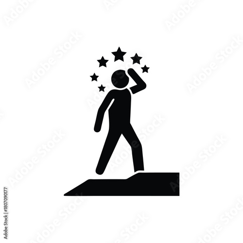 Dizzy Stick Figure After Fall, Illustrated By Black Silhouette on White Background, With Stars Circling Head.                                         