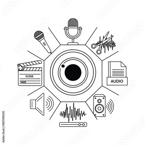 Media production concept with camera, microphone, clapperboard, speaker, and audio waves, isolated on