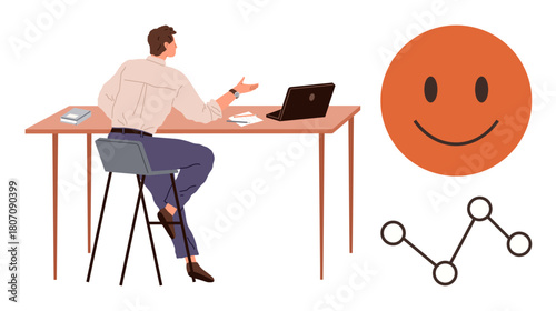 Man seated at desk with laptop, papers discussing ideas, large happy face representing positivity, flow chart for concept clarity. Ideal for teamwork, creativity, positivity, workflow, brainstorming
