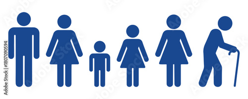 blue family icon set featuring stylized adult and child figures arranged as universal human symbols suitable for signage, community themes, educational materials, infographics, and public information 