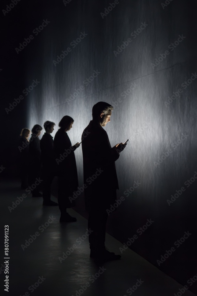Fototapeta premium Silhouetted people standing in a dim minimalist space illuminated only by smartphone screens creating a dramatic scene about digital isolation and modern technology dependence 
