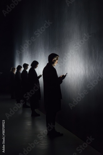 Silhouetted people standing in a dim minimalist space illuminated only by smartphone screens creating a dramatic scene about digital isolation and modern technology dependence
